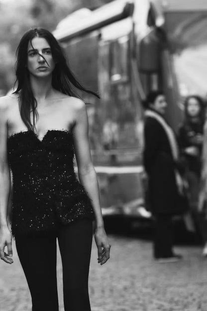 ZARA Fringed Sequin Buster Top -Black
