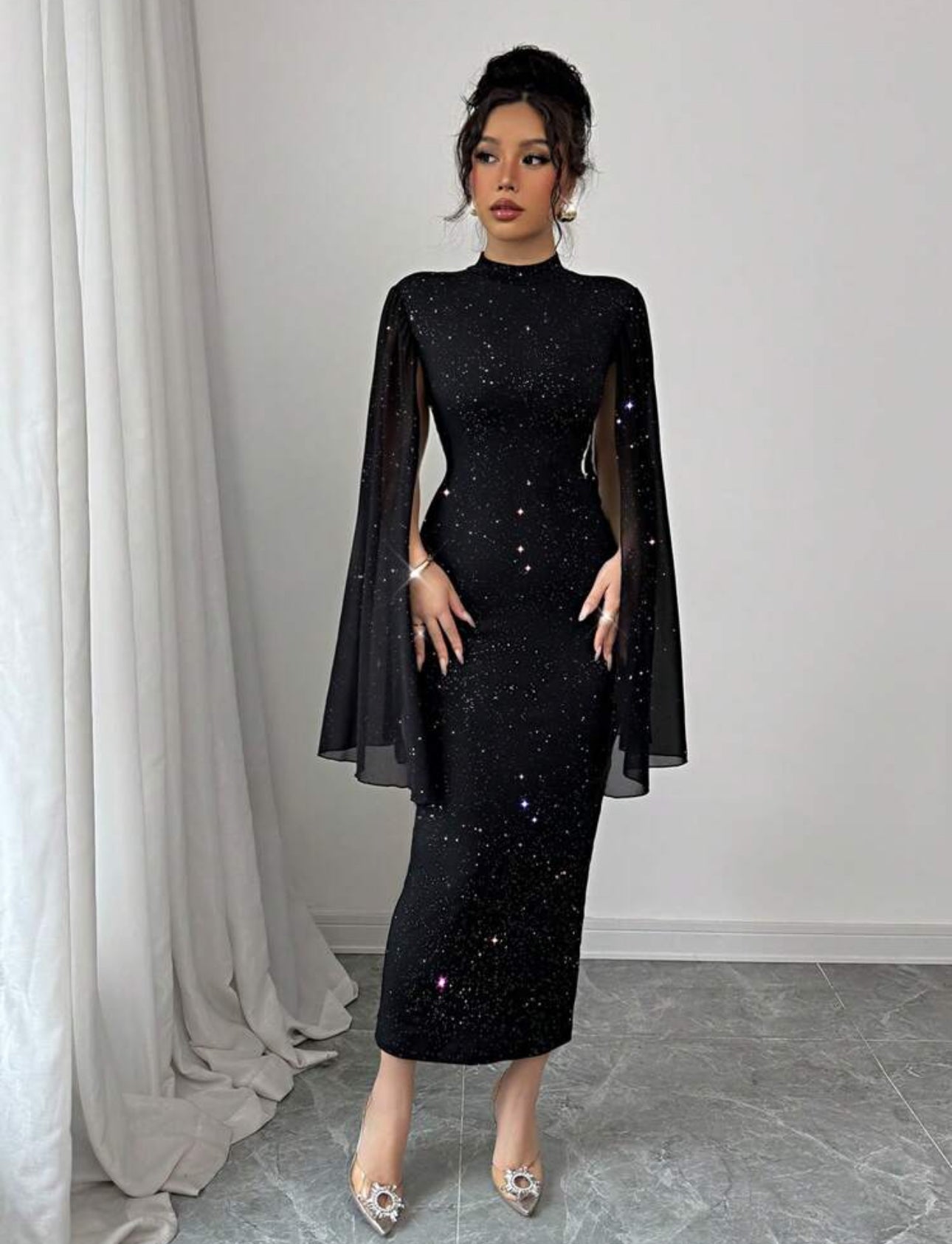 Shein Elenzga crew Neck Sprakly Foil patchwork Fitted Women Dress