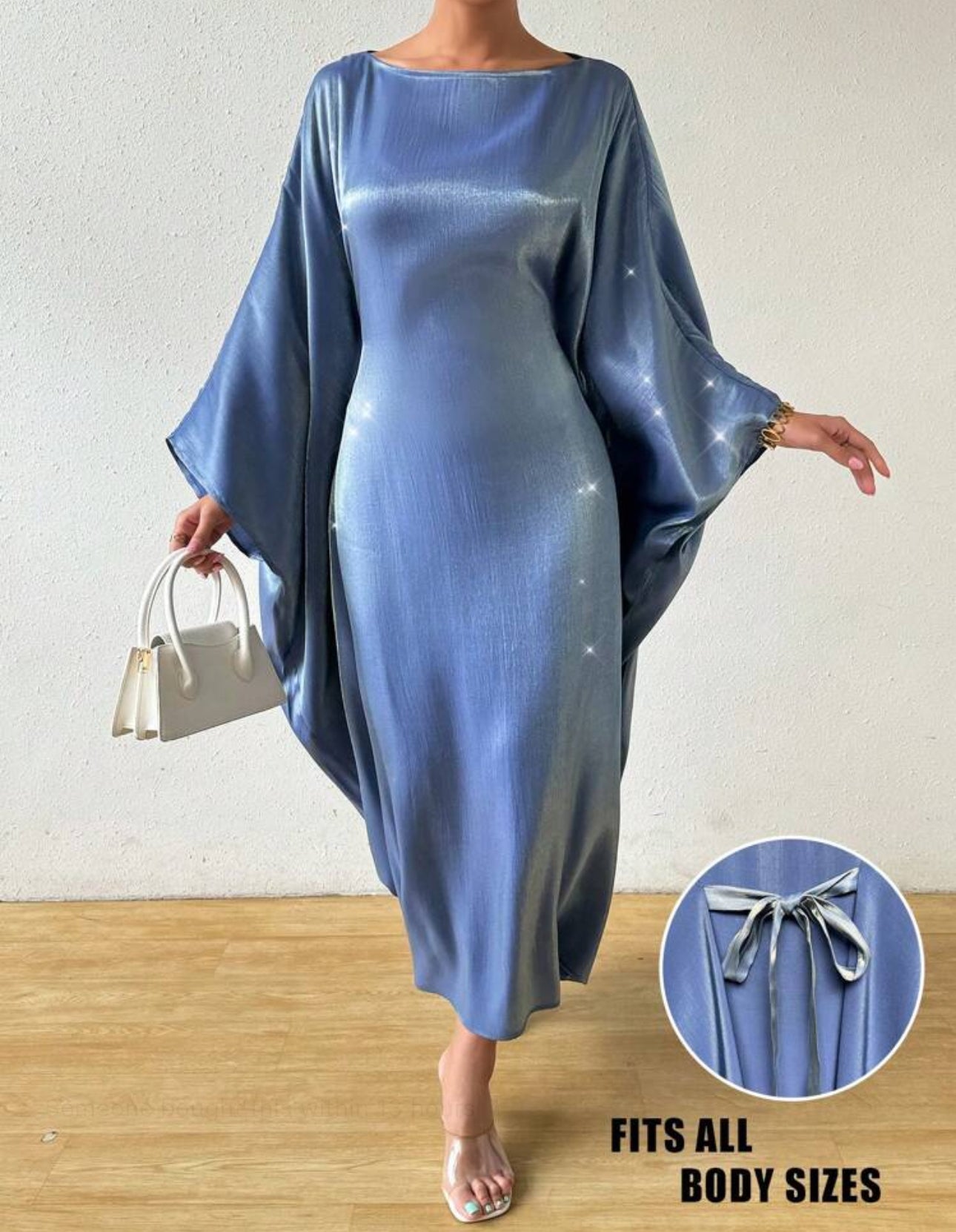 Shein Raffnea Women Round Neck Batwing Sleeve Solid Color Loose- Blue