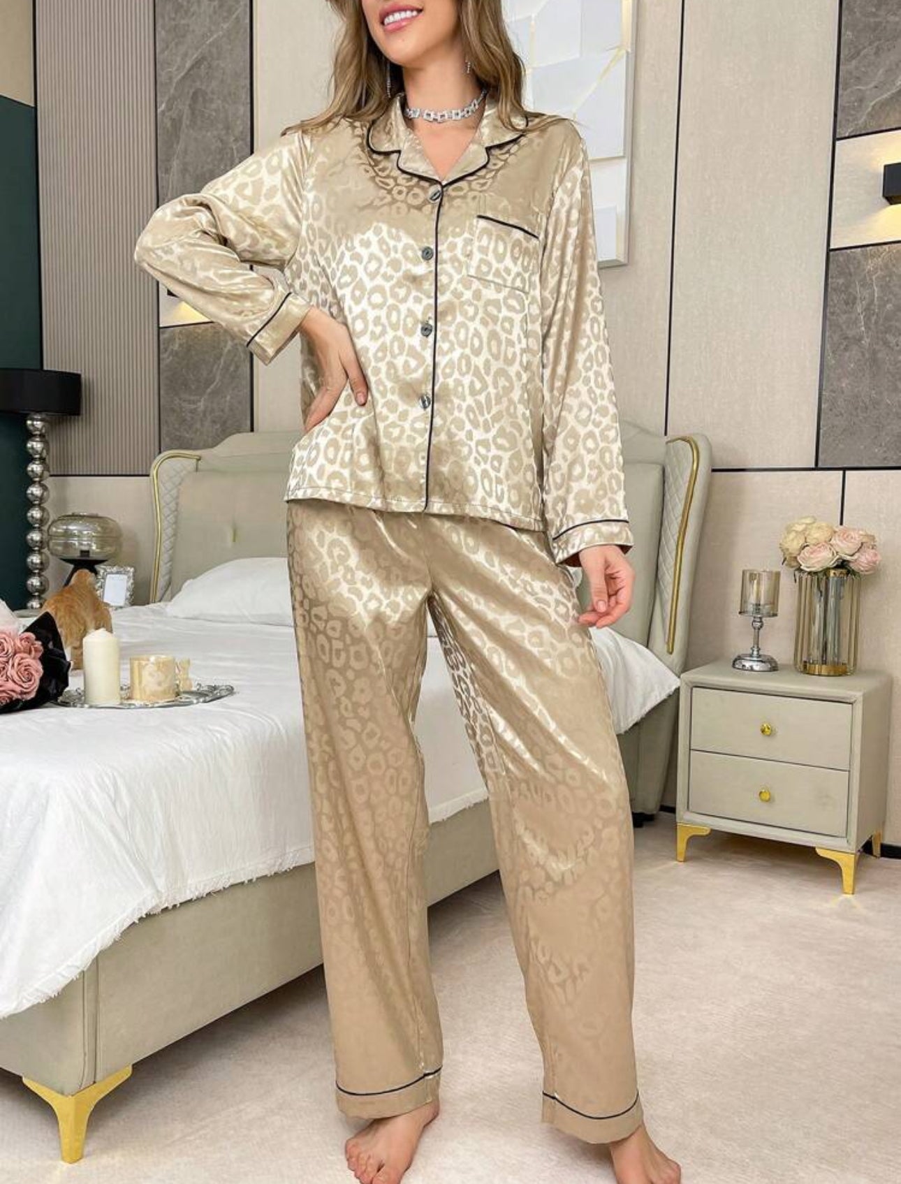 Shein Animal Jacquard Women Pajama Set Champagne Night Suit
