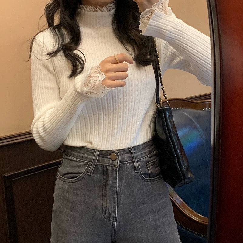 SHEIN Dazy Korean Style Lace Long Sleeve Casual Sweater (WHITE)