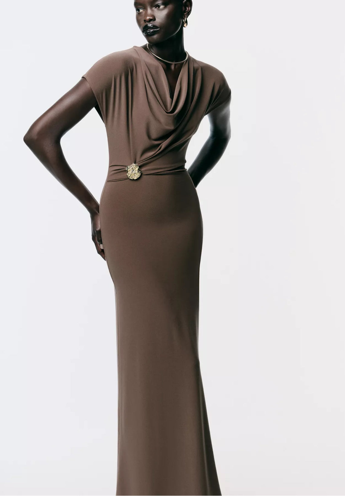 Zara Draped Dress With Hardware Brown