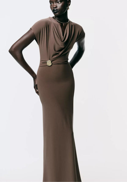 Zara Draped Dress With Hardware Brown