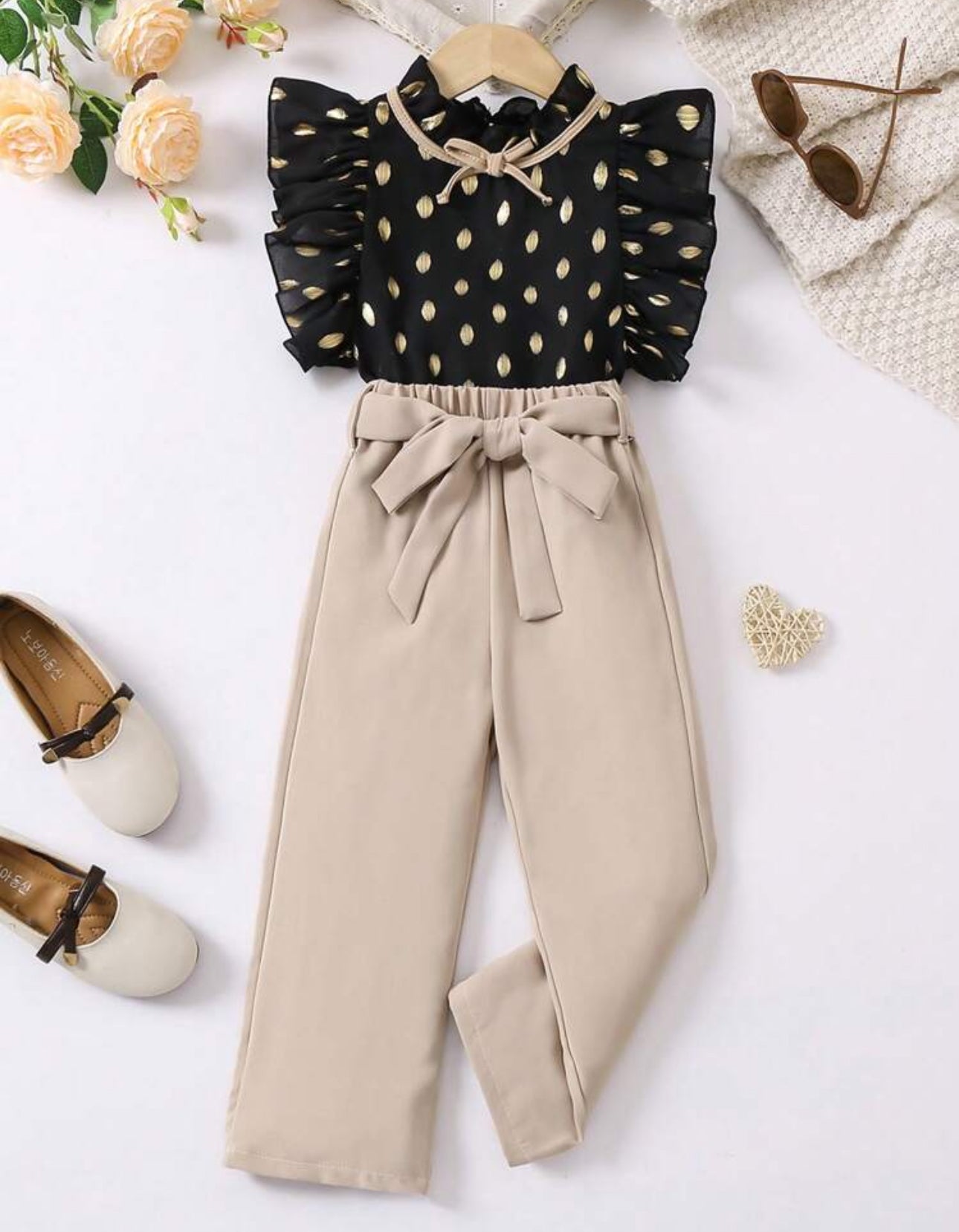 SHEIN Young Girls Gold Print Cap Sleeve Top And Pant Set
