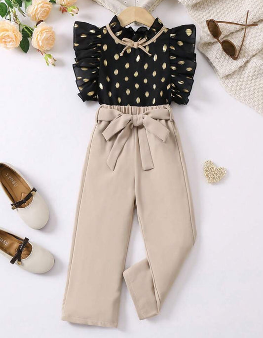 SHEIN Young Girls Gold Print Cap Sleeve Top And Pant Set