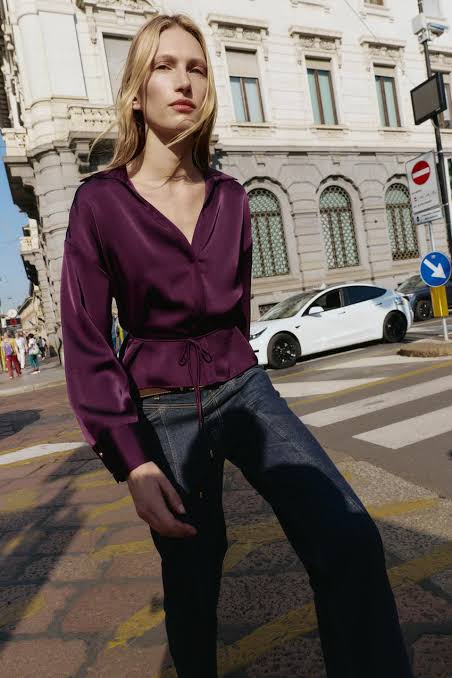 Zara Satin Belted Shirt Burgundy