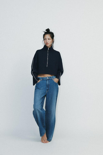 ZARA Short Sweatshirt With Piping-Navy Blue