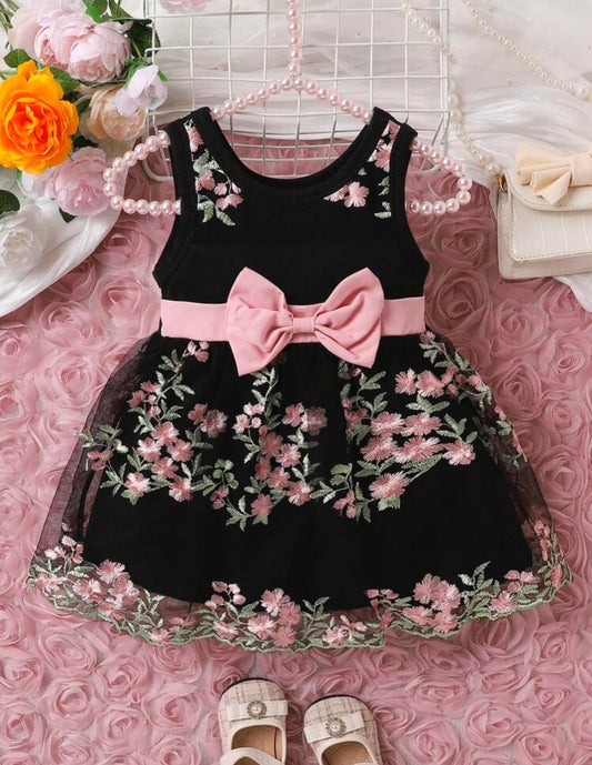 SHEIN Baby Girls Floral Embroidery Mesh Ovelay Bow Front Dress