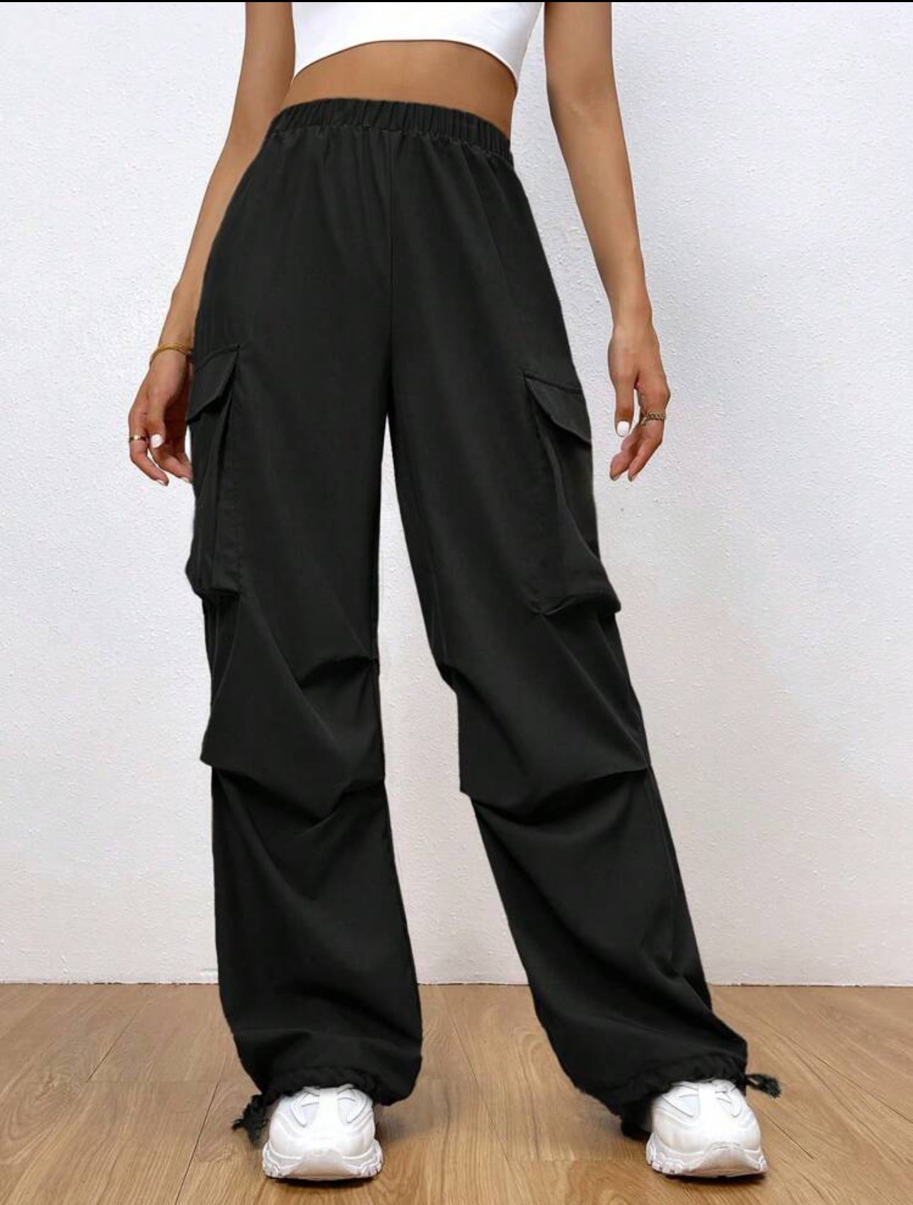 Shein EZ Wear Women Pocket Side Drawstring Hem Cargo Pant (Black)