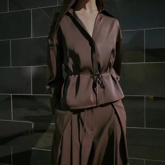 Zara Satin Blouse With Belt- Chocolate