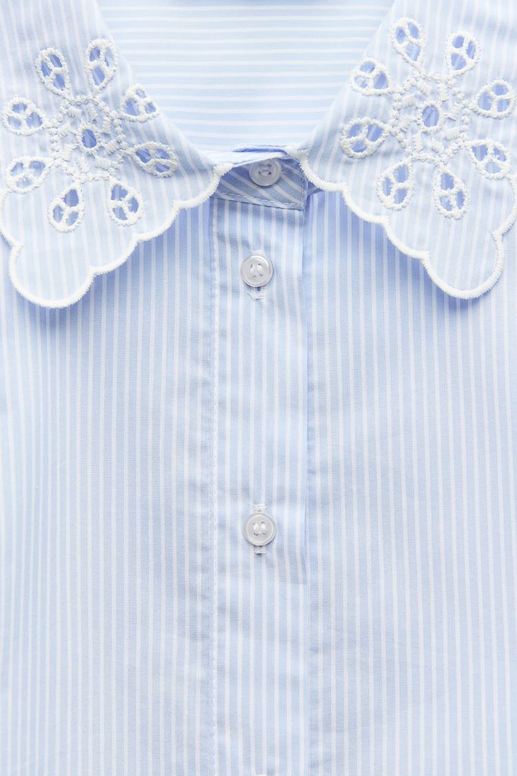 ZARA Short Shirt With CutWork Embroidery - Blue/White