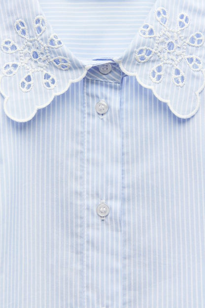 ZARA Short Shirt With CutWork Embroidery - Blue/White