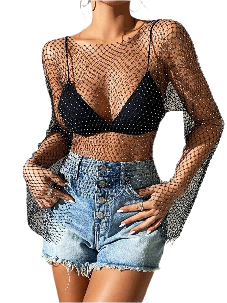 SHEIN BAE Sheer Fishnet Metallic Top