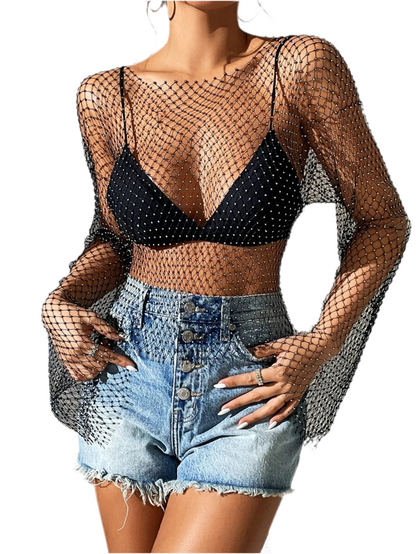 SHEIN BAE Sheer Fishnet Metallic Top