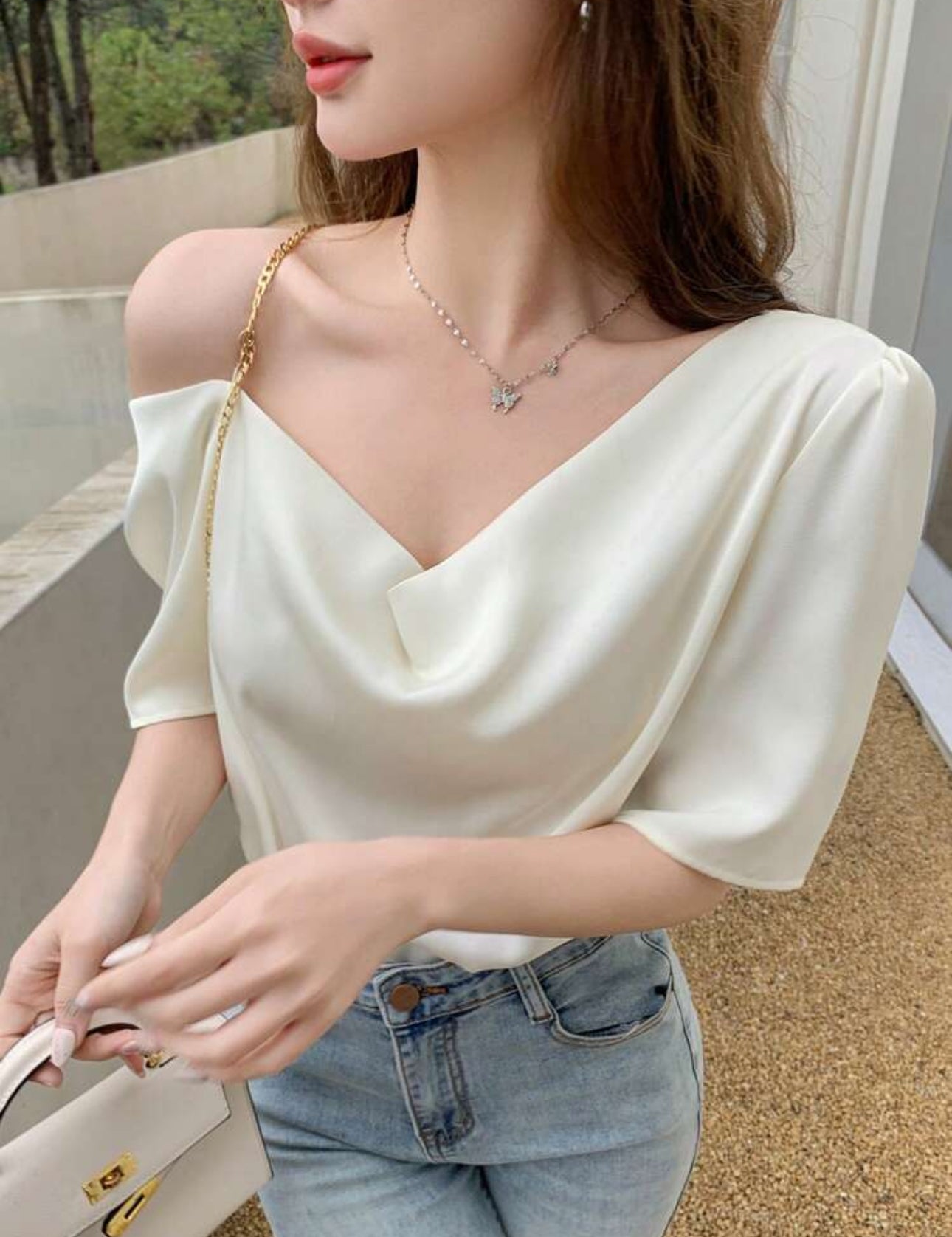 Shein Women Solid Color Draped Neck Pullover Short Sleeve Shirt Too