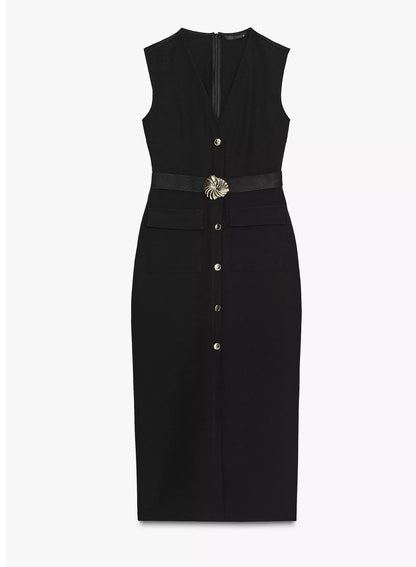 Zara Belted Crepe Midi Dress Black
