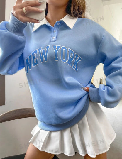 SHEIN Mossta Polo Colar Droo Shoulder Letter Graphic PullOver