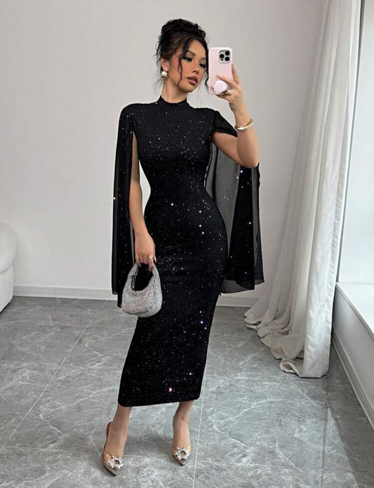 Shein Elenzga crew Neck Sprakly Foil patchwork Fitted Women Dress