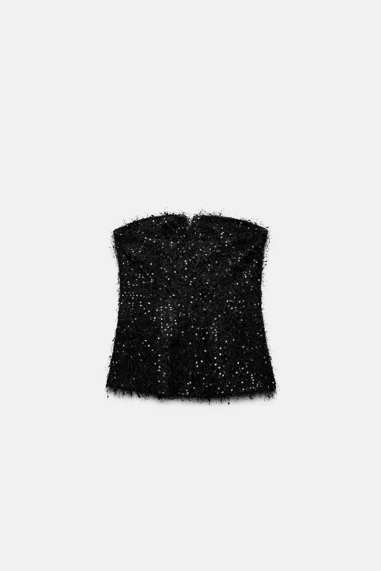 ZARA Fringed Sequin Buster Top -Black