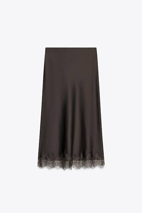 Zara Satin Skirt With Lace Brown