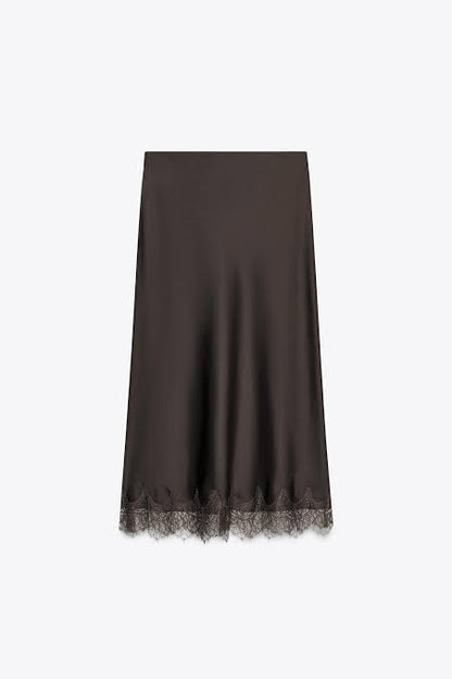 Zara Satin Skirt With Lace Brown