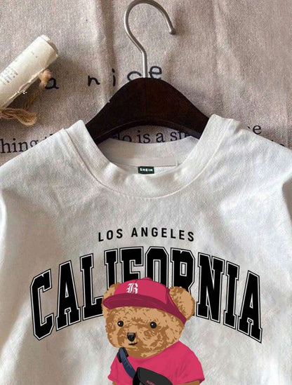 Shein Ez Wear Casual Minimalist Bear Print Round Neck T shirt (White)