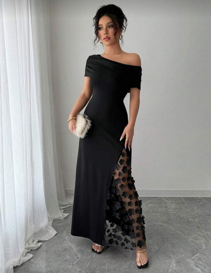 Shein Asymmetric Collar Patchwork 3D Floral Mesh Flower Dress