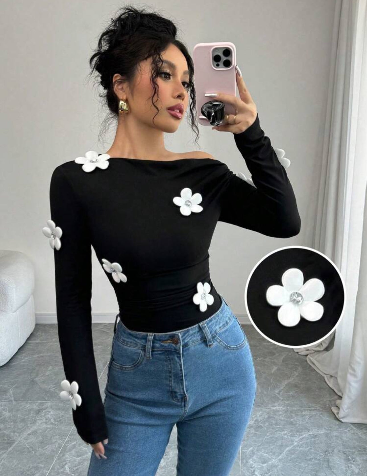 Shein Raffinea Womens Fashion Floral Print One Shoulder Long Sleeve Shirt