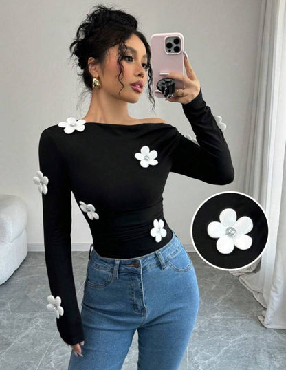 Shein Raffinea Womens Fashion Floral Print One Shoulder Long Sleeve Shirt