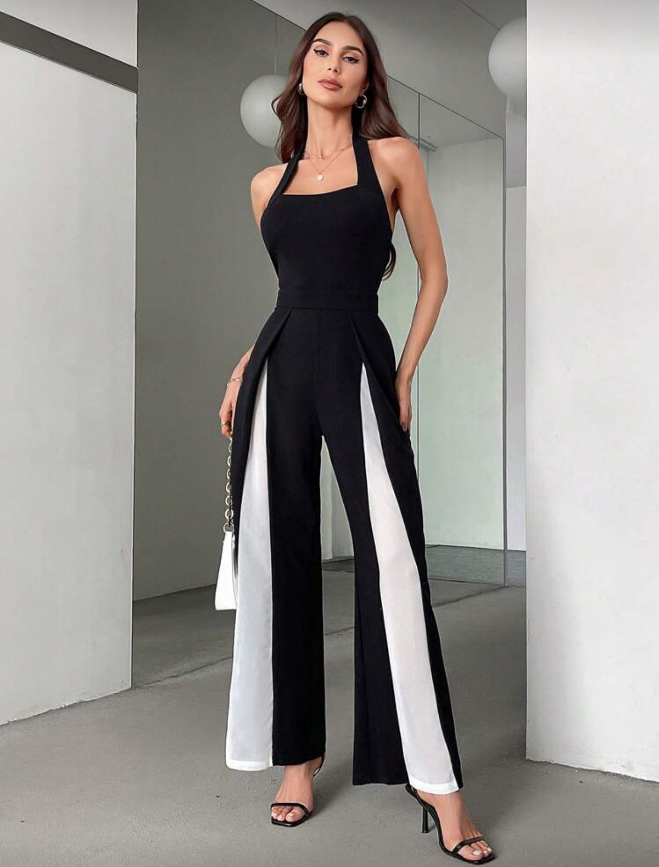 Shein HalterNeck Black And White Color Patchwork Dress