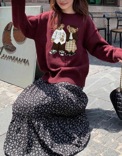 SHEIN Cartoon Bear Embroided loose Sweater WINE