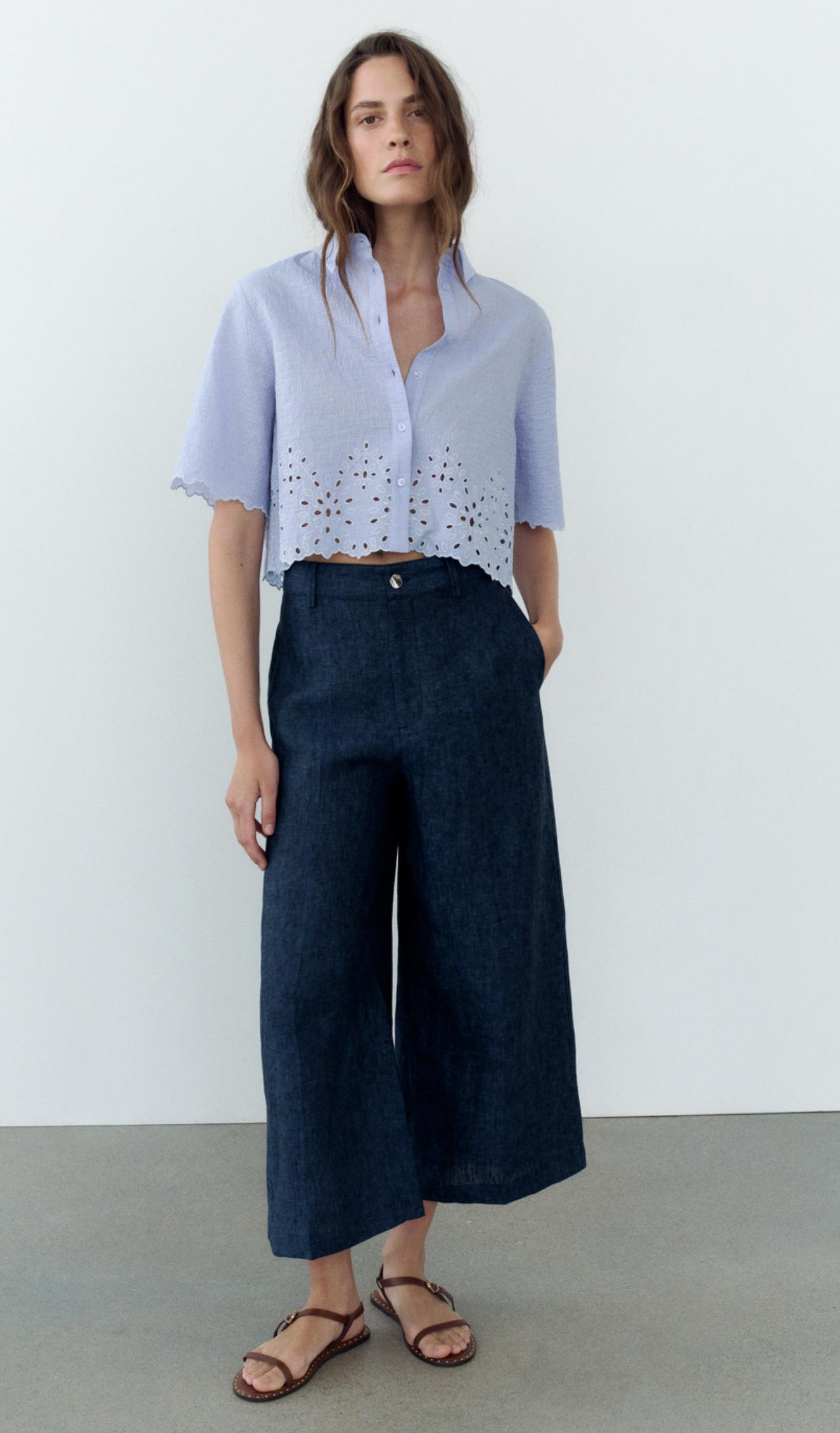 ZARA Cropped Shirt With Cutwork Embroidery - Sky Blue