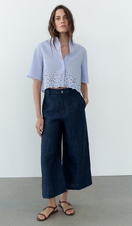 ZARA Cropped Shirt With Cutwork Embroidery - Sky Blue