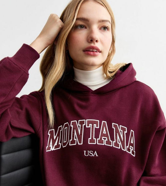 NEW LOOK Burgundy Montana Embroided Jersey Hoodie