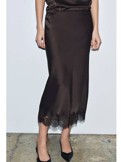 Zara Satin Skirt With Lace Brown