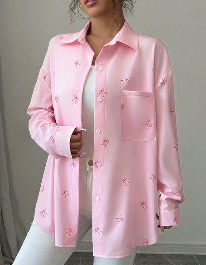 Shein Chicease Women Pink Butterfly Print Drop Shoulder Shirt