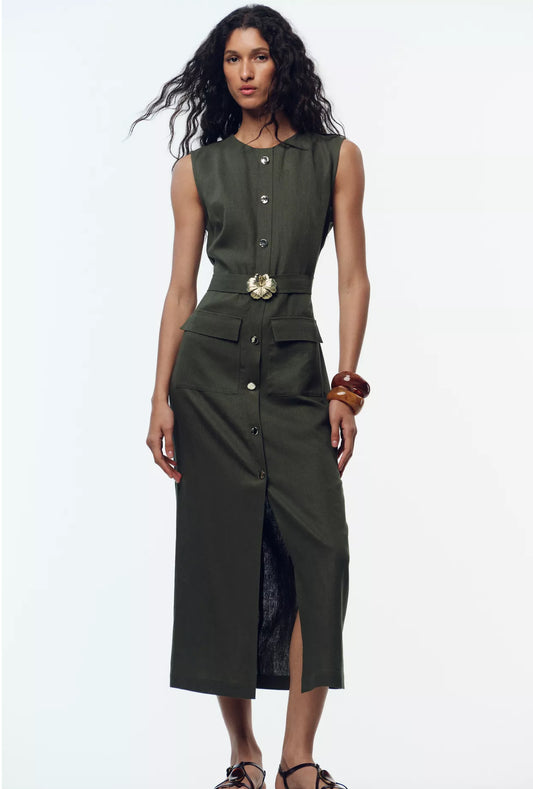 Zara Linen Blend Midi Dress With Belt