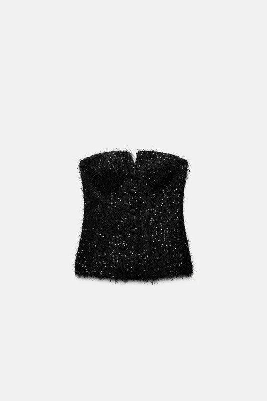 ZARA Fringed Sequin Buster Top -Black
