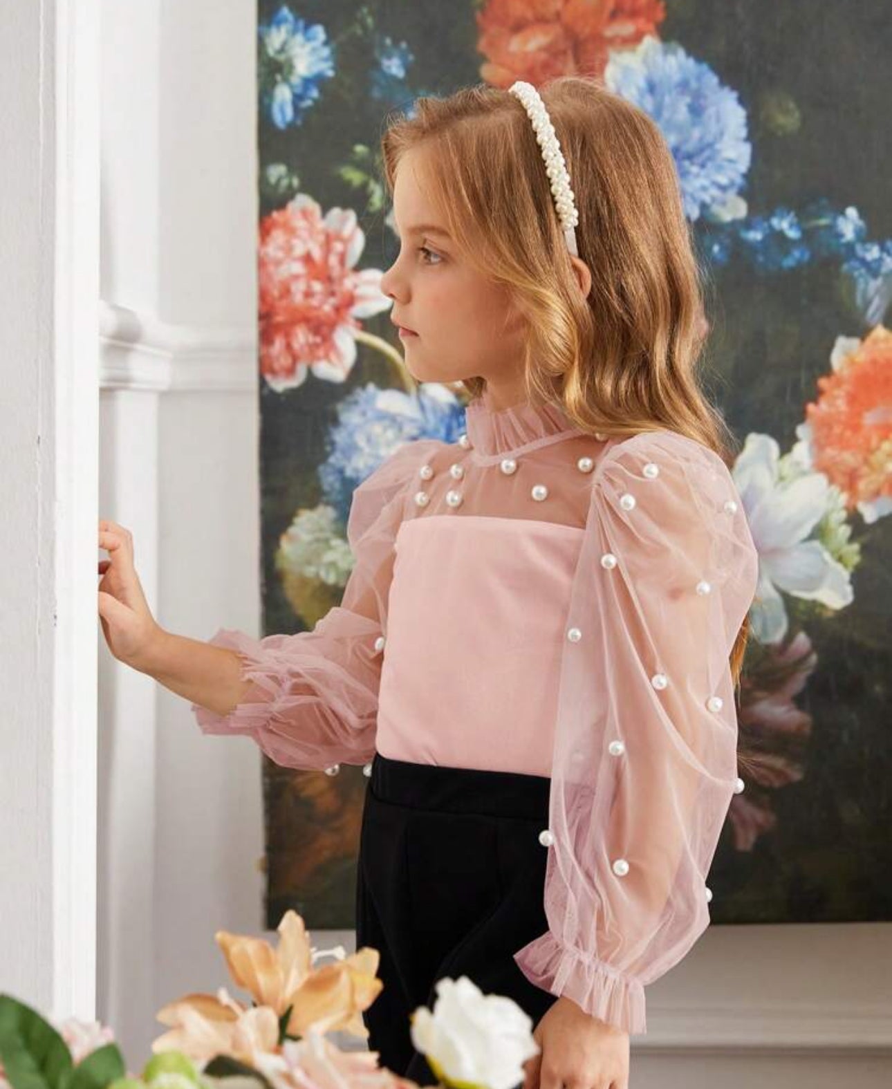 SHEIN Girls Pearl Décor Sheer Sleeve Stand collar Casual Blouse