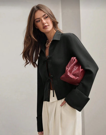 Shein Plian Front Tie Long Sleeve Shirt