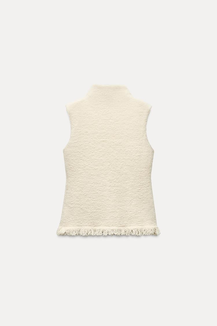 ZARA Fringed knit top-Ecru