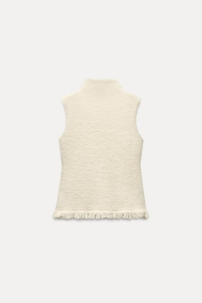 ZARA Fringed knit top-Ecru
