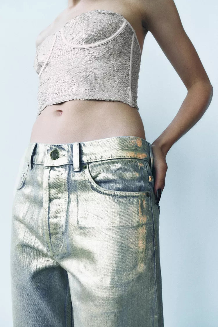 ZARA ZW Collection Relaxed Fit Mid Rise Foil Jeans -Gold