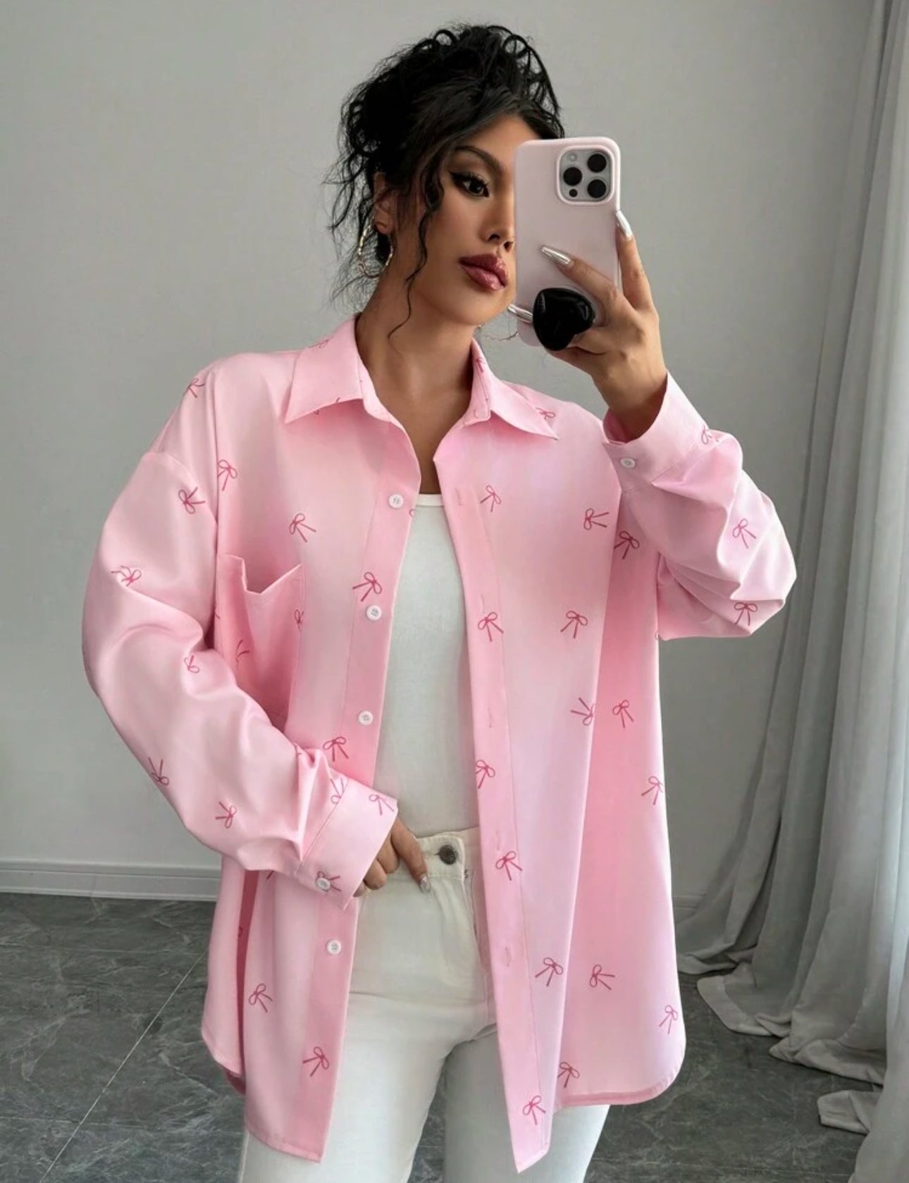 Shein Chicease Women Pink Butterfly Print Drop Shoulder Shirt