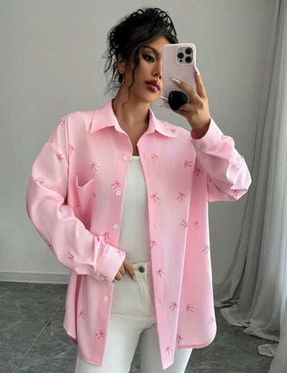 Shein Chicease Women Pink Butterfly Print Drop Shoulder Shirt