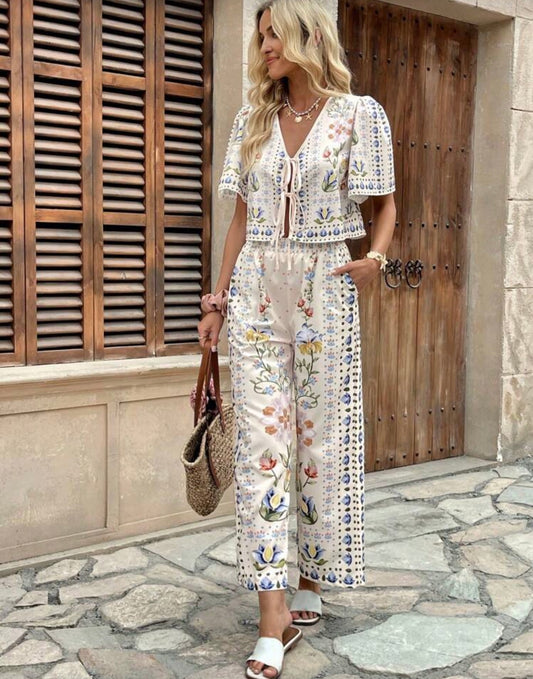 Shein Women Casual Vacation printed top And Wide Leg Pant Cord Set