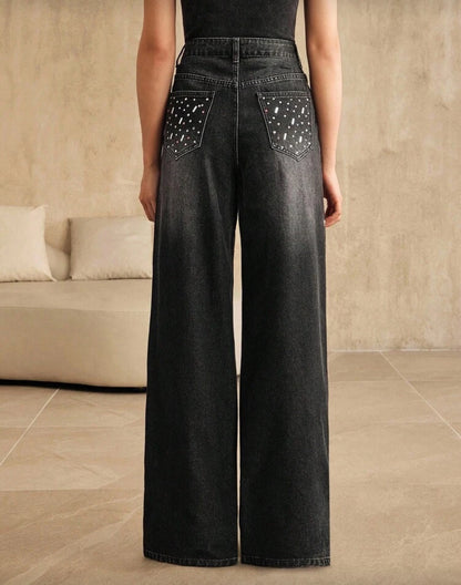 SHEIN Rhinestone Black Straight Leg Jeans
