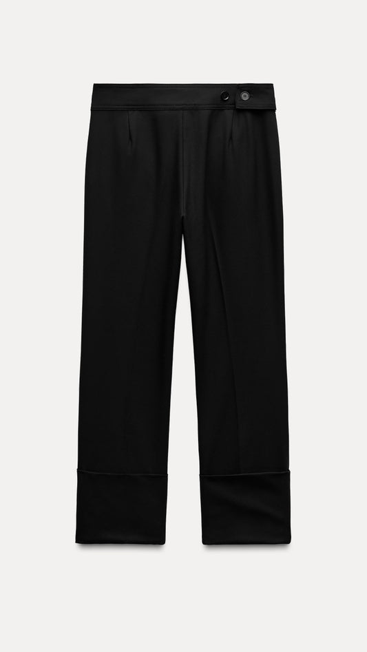 ZARA Straight Leg Trousers With Turn Up Hems _Black