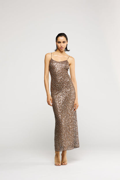 Zara Bronze Sequin Slip Dress