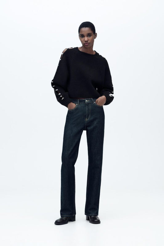 ZARA Knitted Sweater With Ball Detail-Black